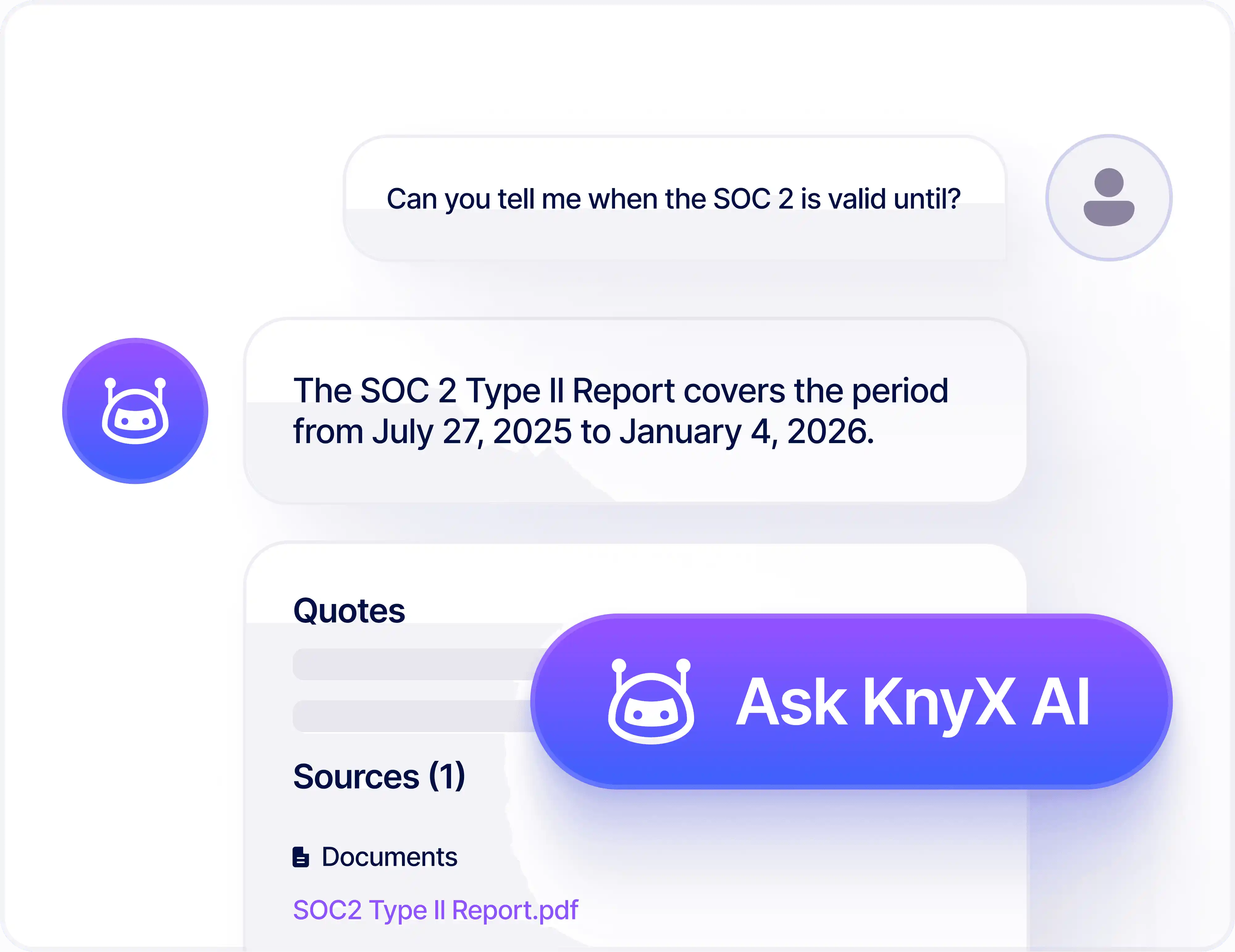 KnyX AI answering trust and compliance questions with SOC 2 report citations