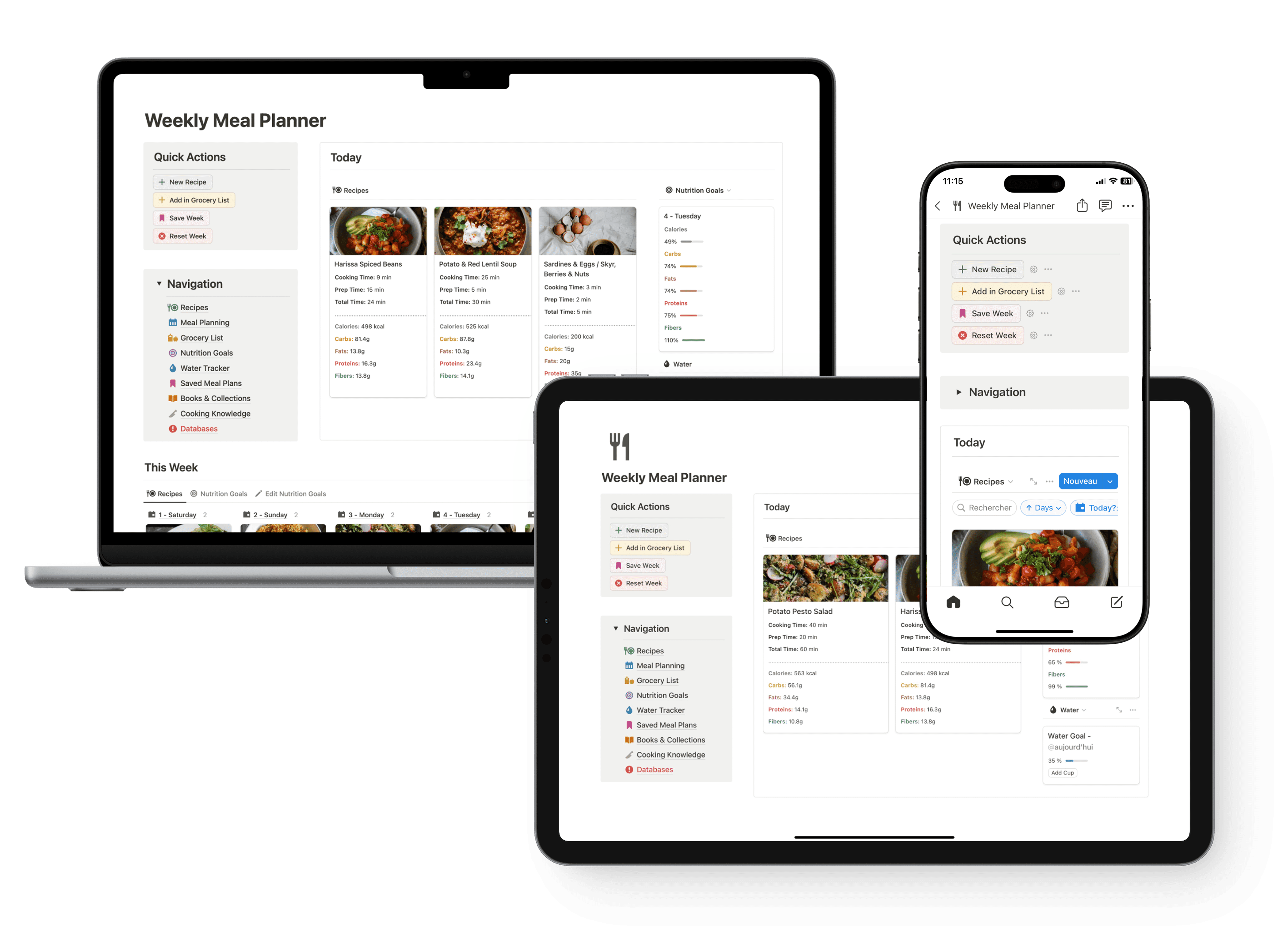 The Weekly Meal Planner template shown on laptop, tablet and smartphone