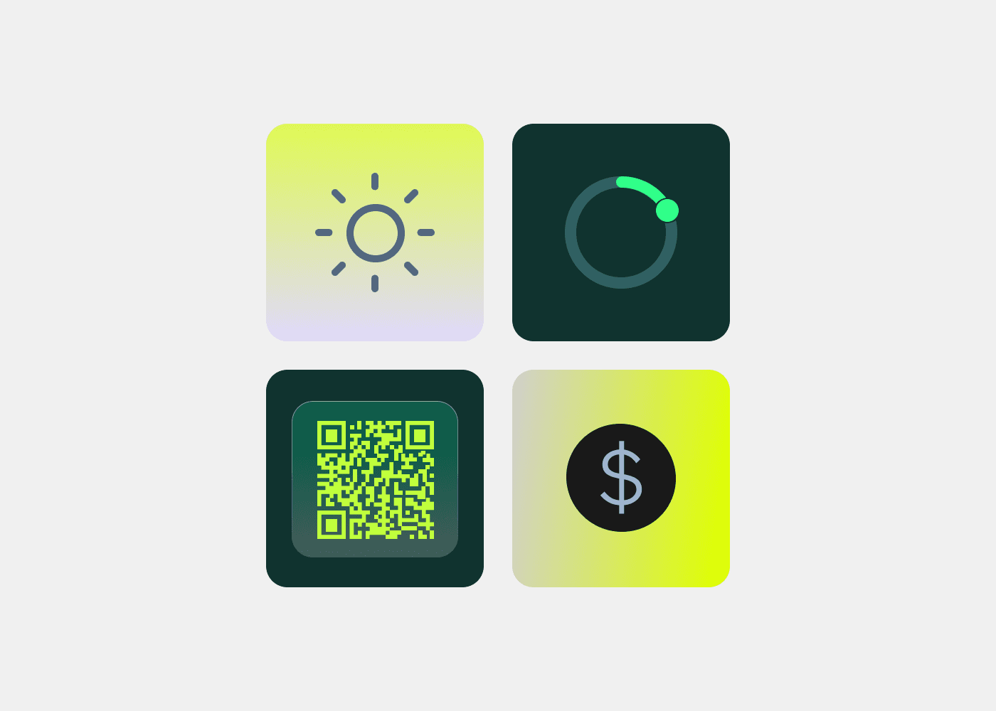 UI icon set featuring a sun, loading spinner, QR code, and dollar sign