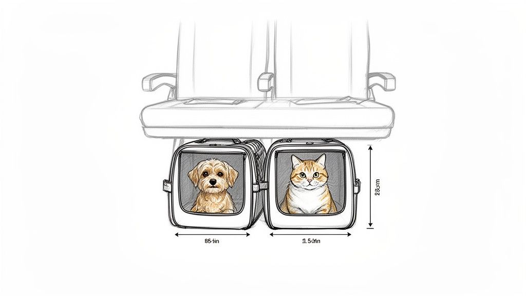 Two pet carriers, one with a dog and one with a cat, under airplane seats with dimensions.
