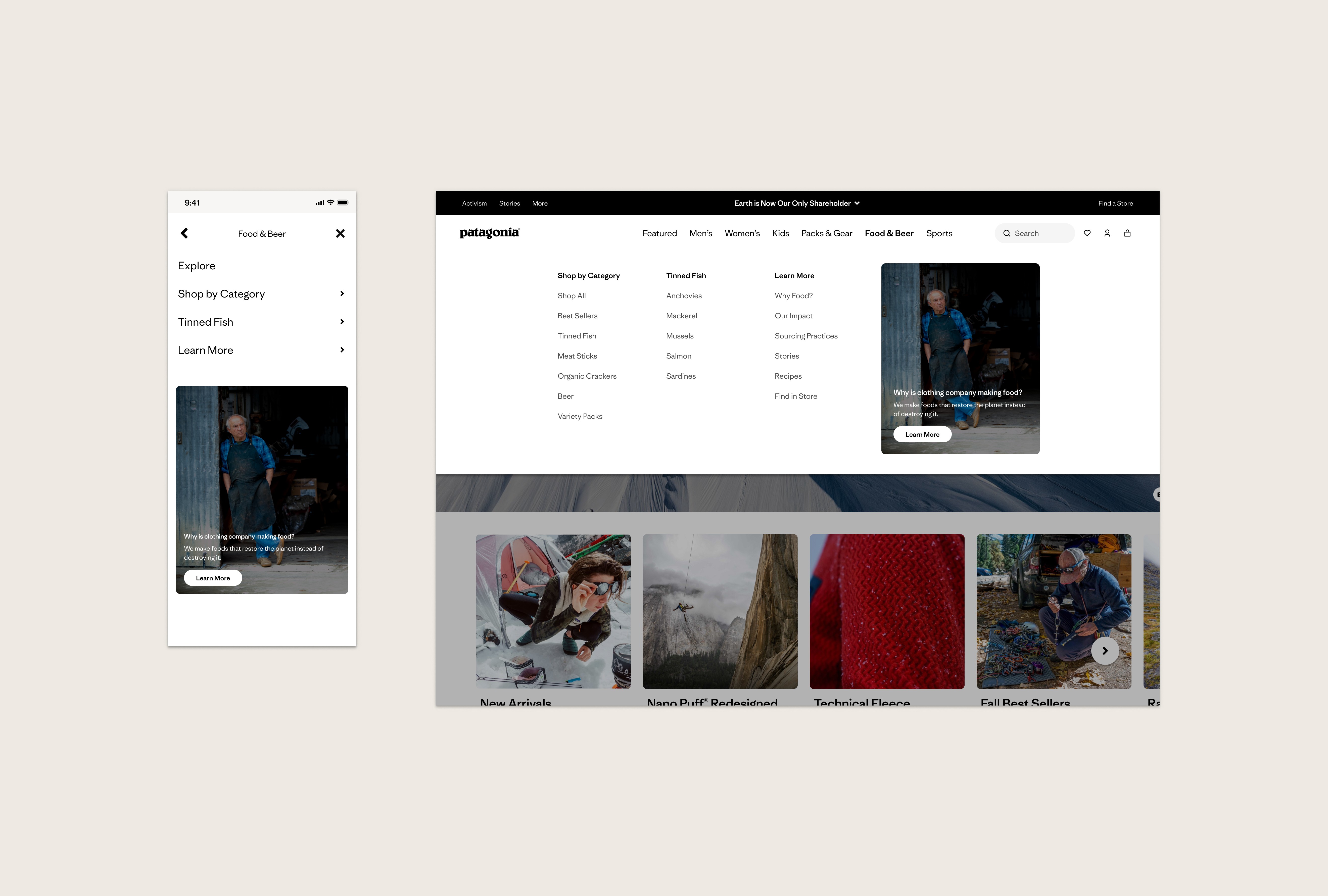 Patagonia.com navigation showing Food & Drink integrated alongside core categories, with a marketing tile reinforcing the Provisions story.