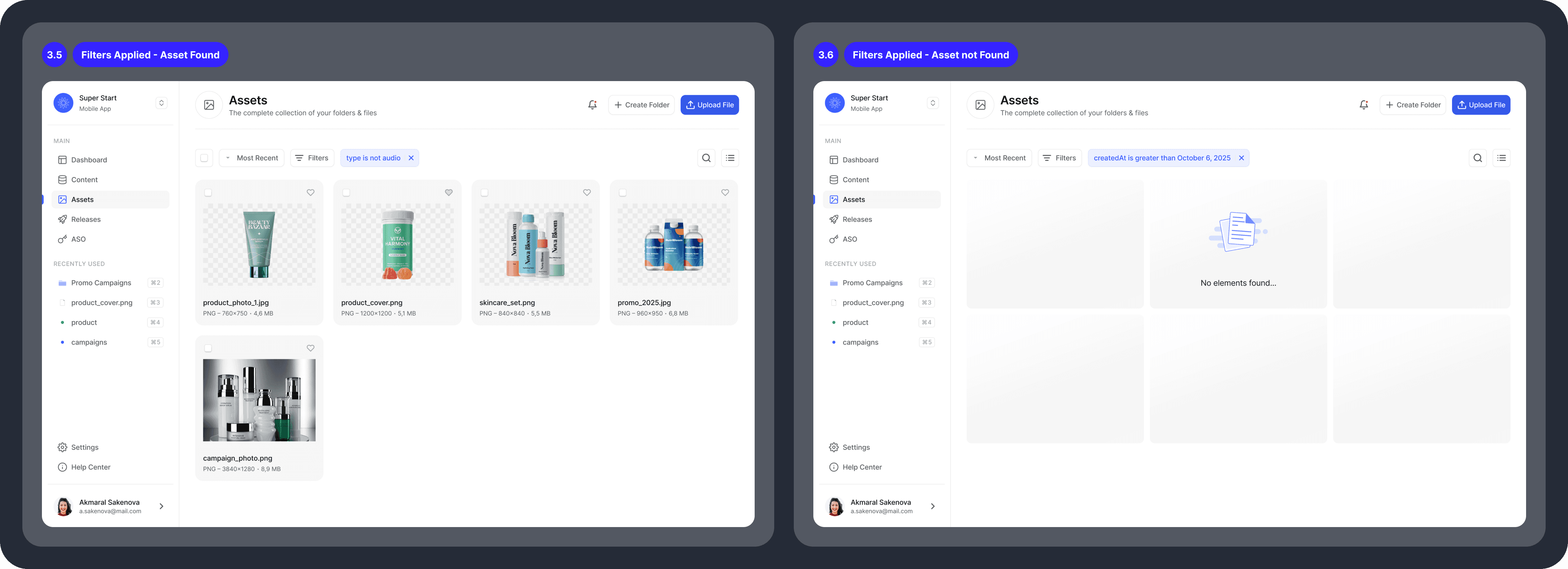 Two dashboard screens showing "Asset Found" vs "Asset Not Found" states