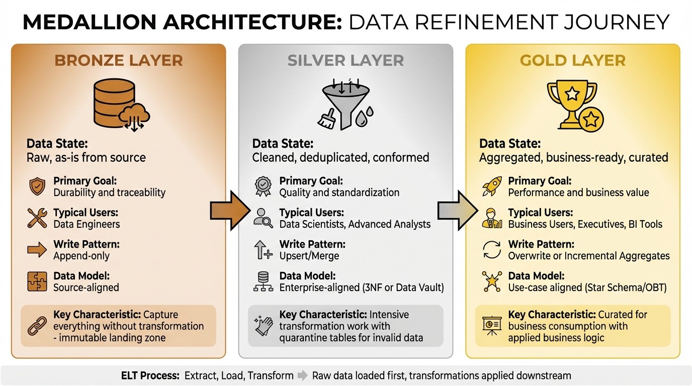 Data Lakehouse Medallion Architecture: Bronze, Silver, and Gold Layers Comparison