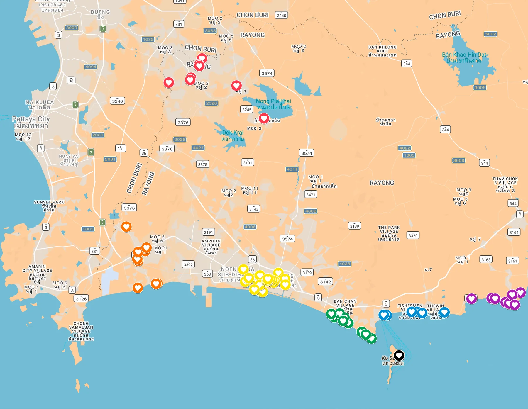 A map of the Rayong region in Thailand showing dozens of location pins marking the 73 hotels and resorts captured by ABM visual across the deployment.