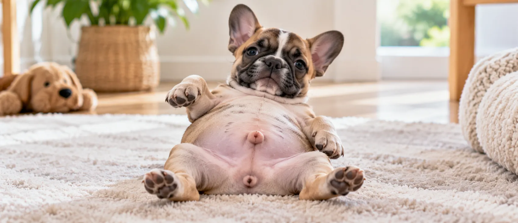 A French Bulldog puppy lying on its back, showing a raised bump near its belly button.