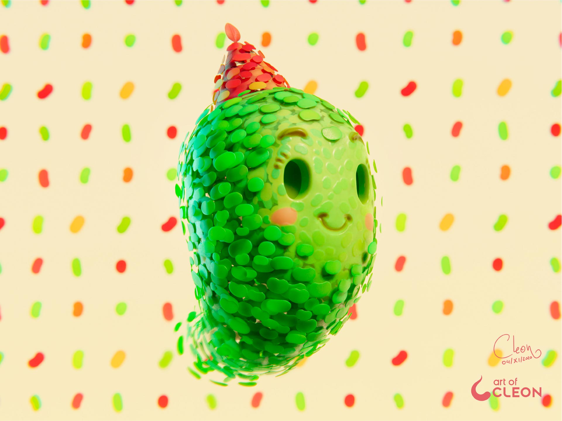 Finished 3D Spirit of the Forest character, a round green creature covered in leaf-like scales and wearing a party hat.