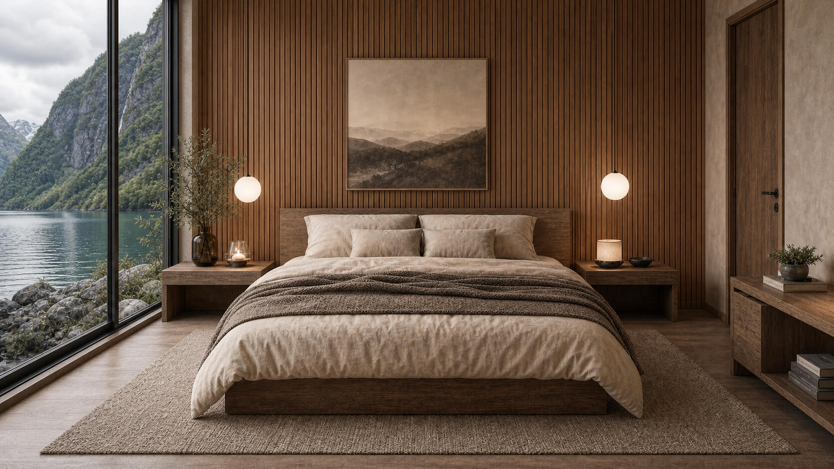 Double bed in a timber bedroom with a mountain view and soft bedside lighting