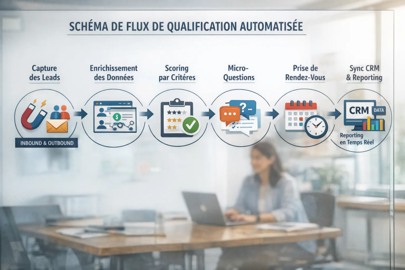 Schéma de flux de qualification automatisée: capture des leads, enrichissement, scoring par critères, micro-questions, prise de rendez-vous, synchronisation CRM et reporting en temps réel, couvrant inbound et outbound.