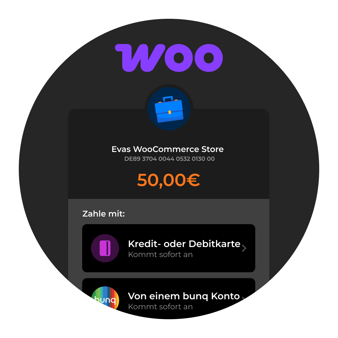 Circular graphic featuring the word "Woo" and a payment interface displaying €10. Options to pay via credit card shown.