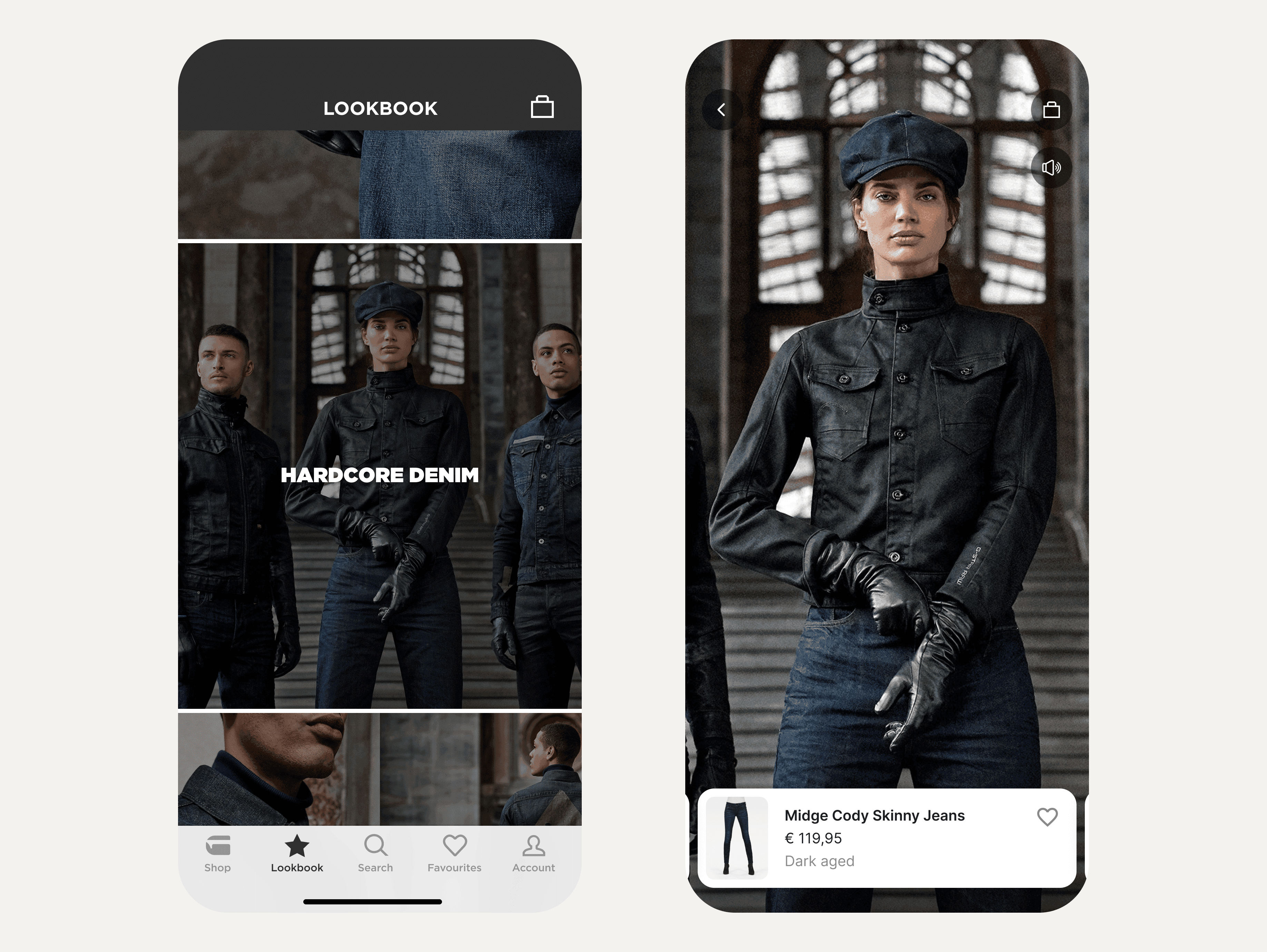 Two G-Star RAW mobile app images of the lookbook overview and video lookbook detail view