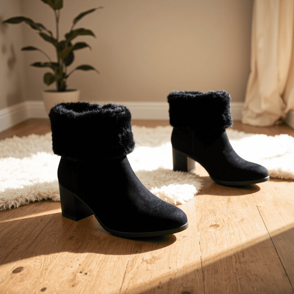 product photography of a pair of ankle boots with a fur lining, designed for comfort and warmth
