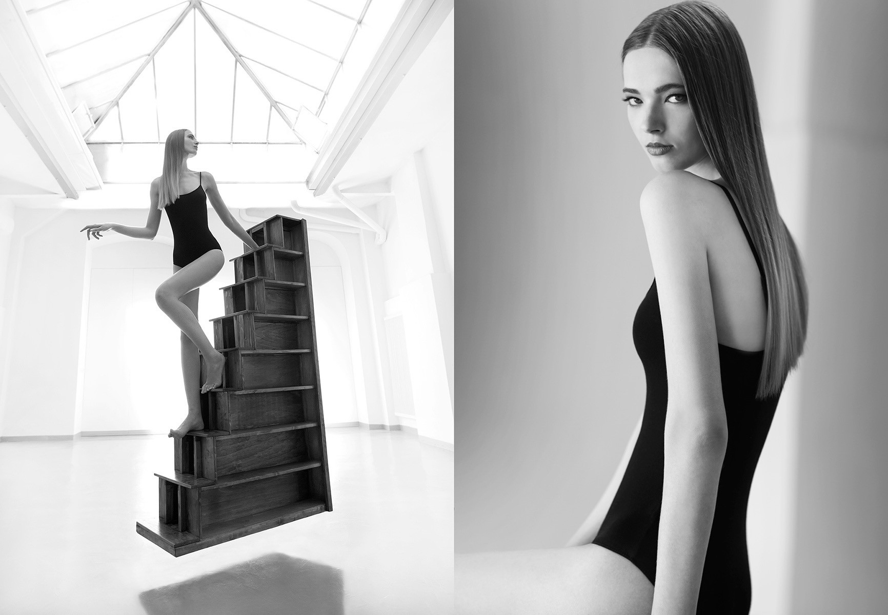 Black-and-white fashion diptych in an architectural interior