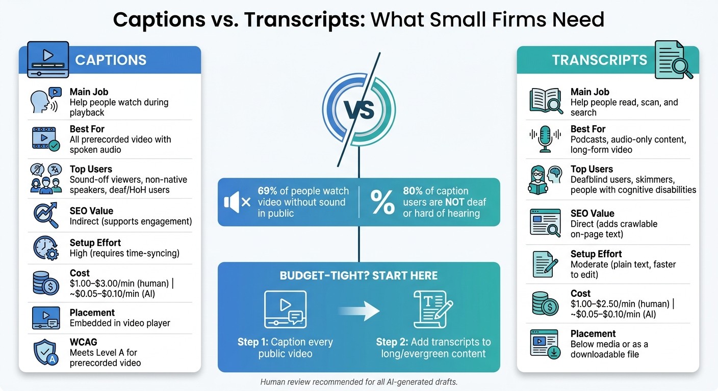 Captions vs Transcripts: Quick Comparison Guide for Small Firms
