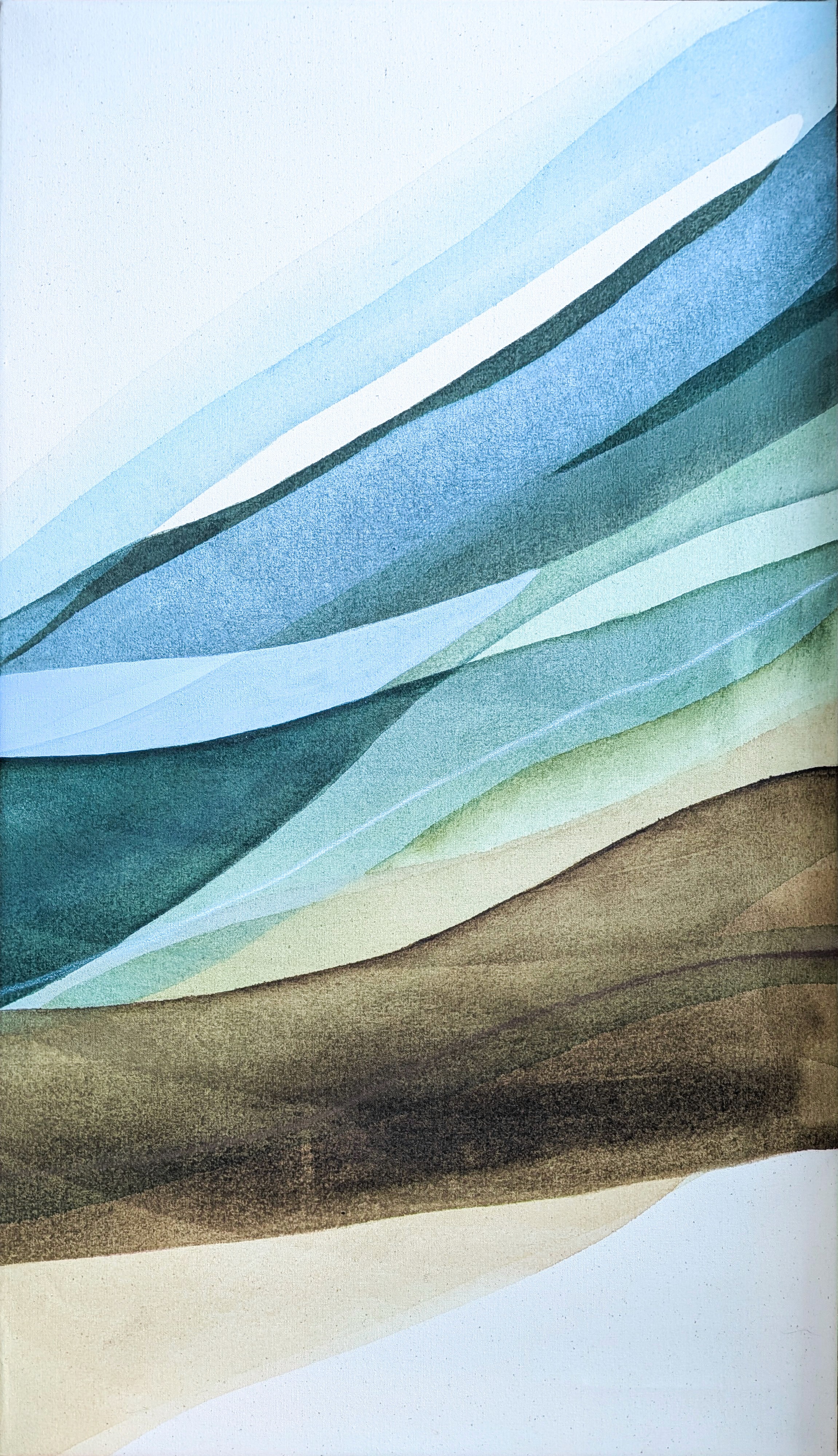 Abstract waves in soft shades of blue, green, and brown create a serene and flowing visual composition.