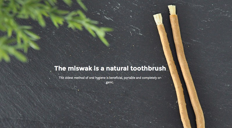 A poster showing an advertisement for a new ecological toothbrush that looks like a stick. The text on the poster says: The miswak is a natural toothbrush.