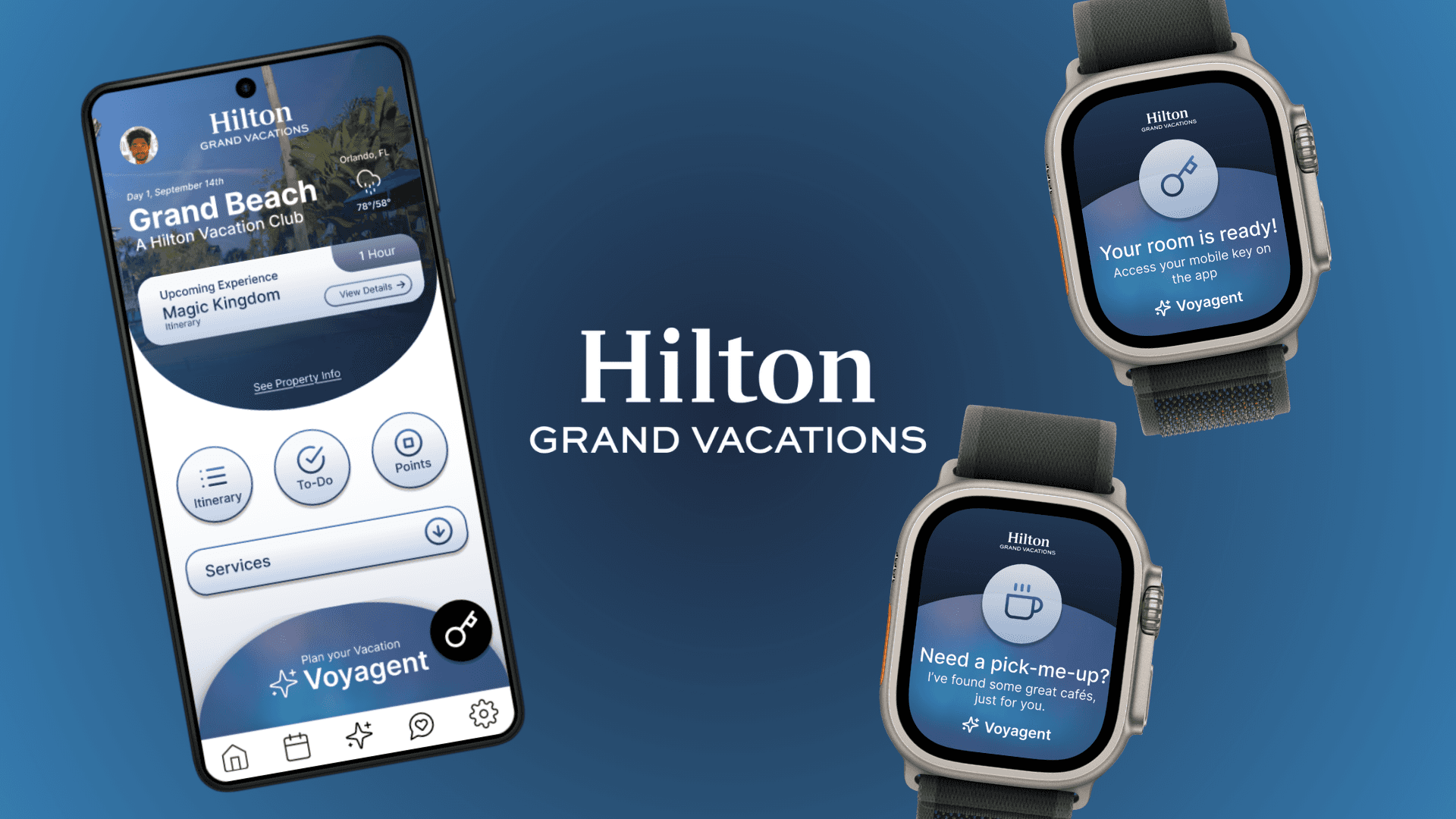 Hilton Grand Vacations banner, with phone mockup and Apple Watch mockups