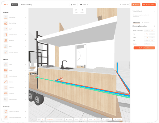 3D Tiny House Design Software Plumbing Tool Drag & Drop System