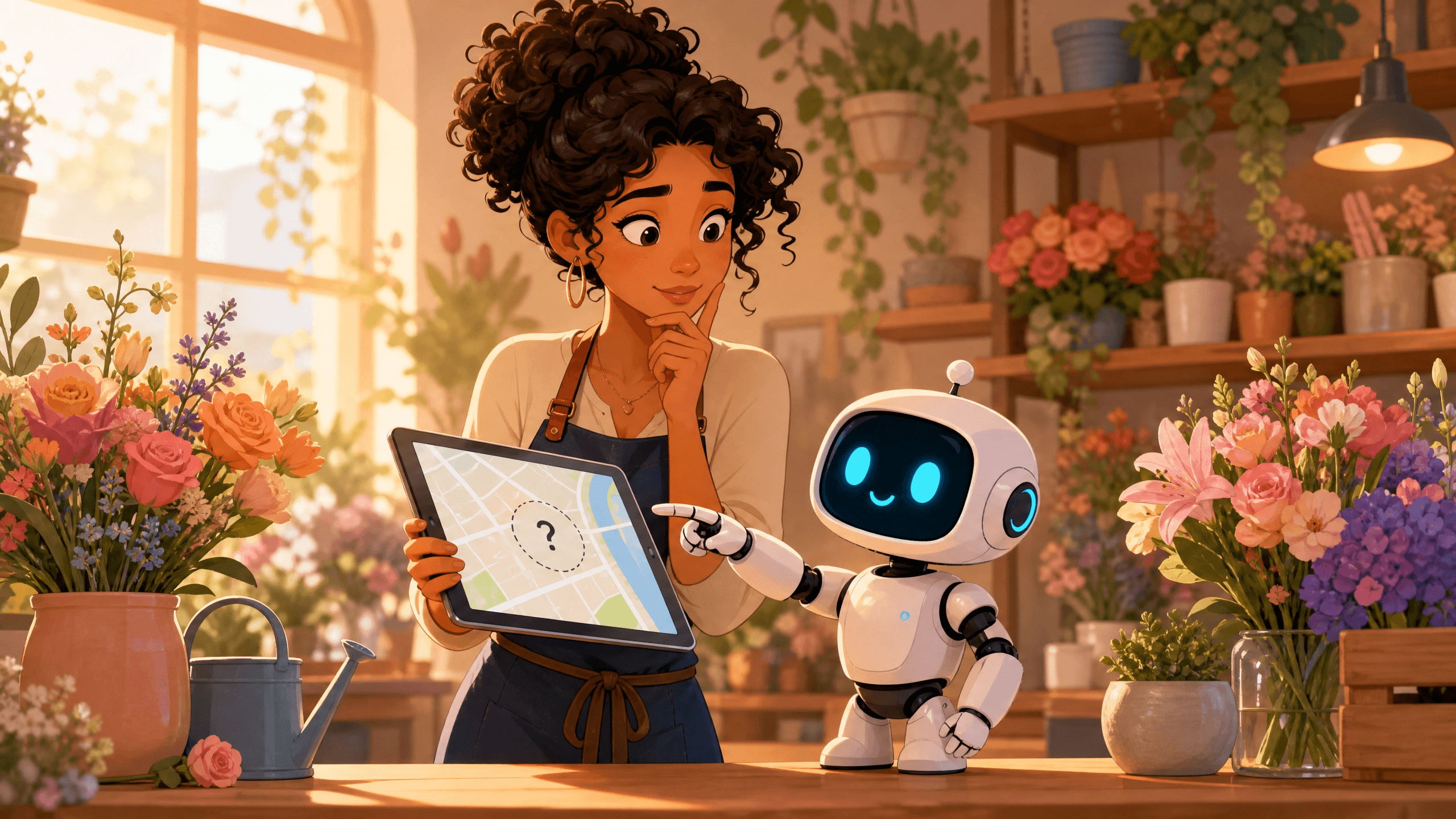 A friendly, diverse shop owner in a cozy flower boutique looks thoughtfully at a tablet displaying a map with a missing pin. A small, cute robot (AI) stands next to her on the counter, pointing at the tablet. The style is a modern cartoon illustration with warm colors and soft gradients.