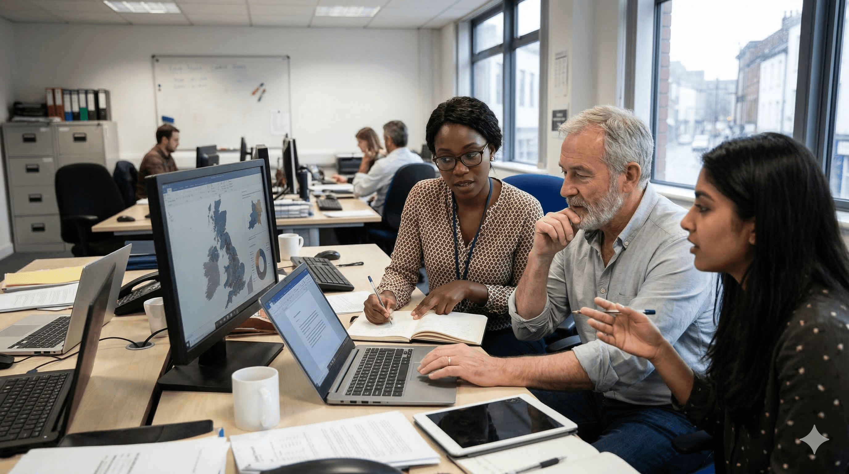 A diverse group of individuals collaborates in an open office space, focusing on multiple computer screens displaying maps and data, illustrating the application of AI for local journalism as part of a unique approach pioneered by a media organization.