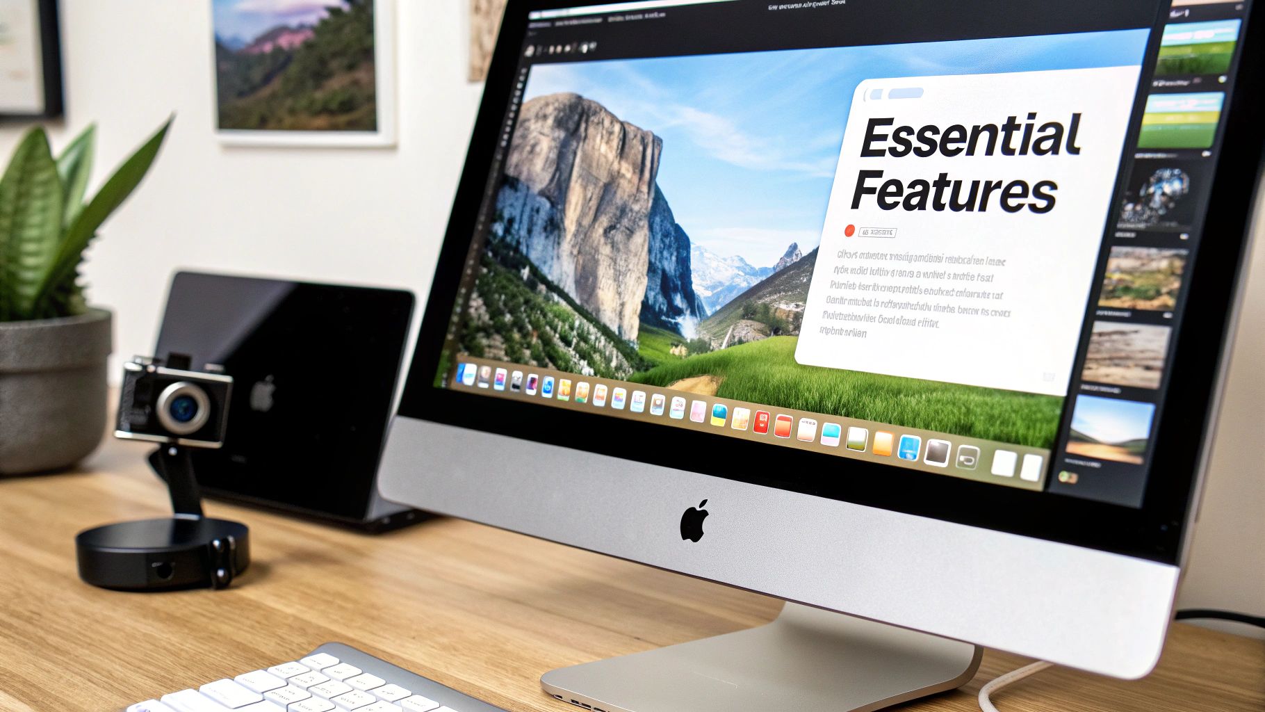 Modern office desk with an Apple iMac showing 'Essential Features', a camera, a tablet, and a plant.