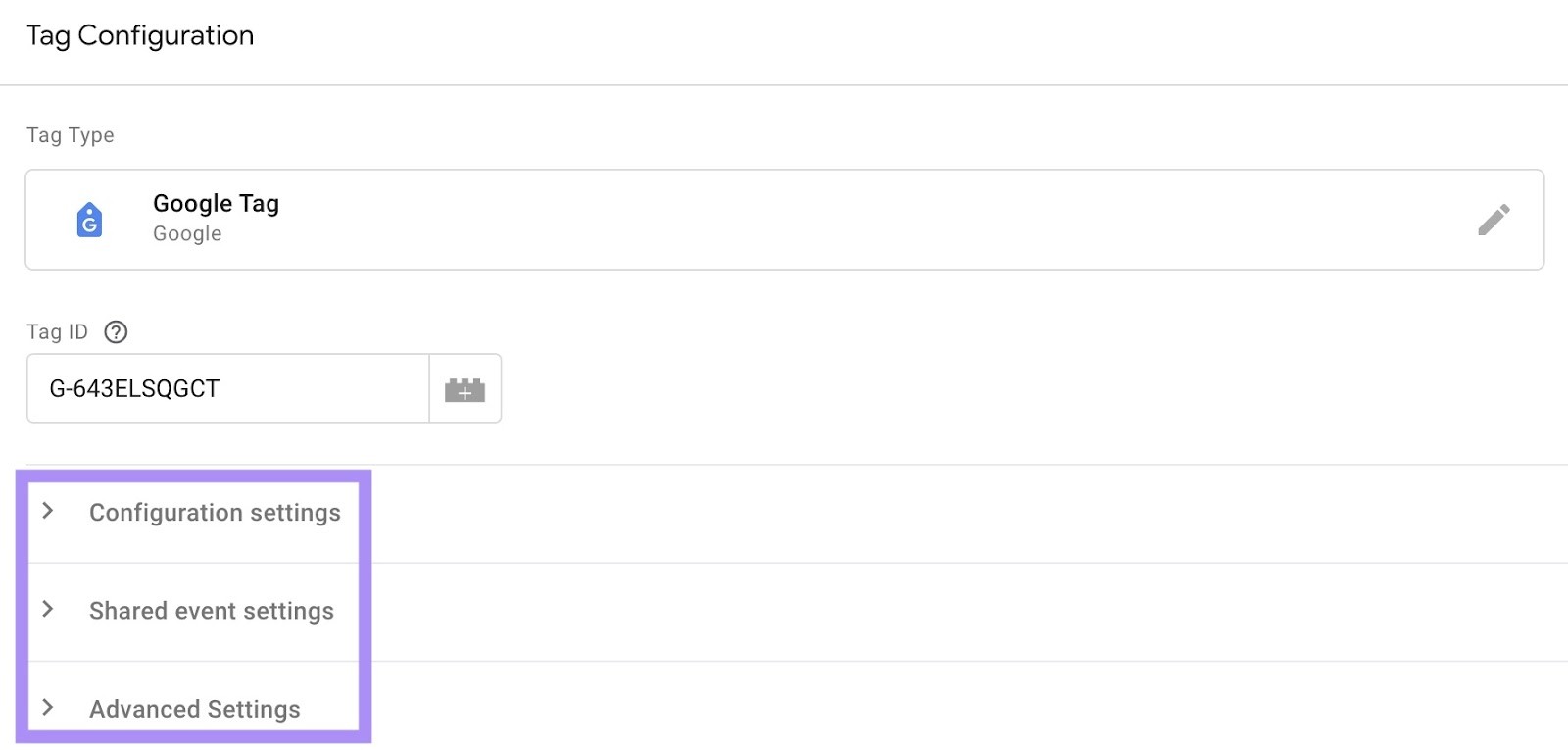Tag’s configuration, shared event, and advanced settings