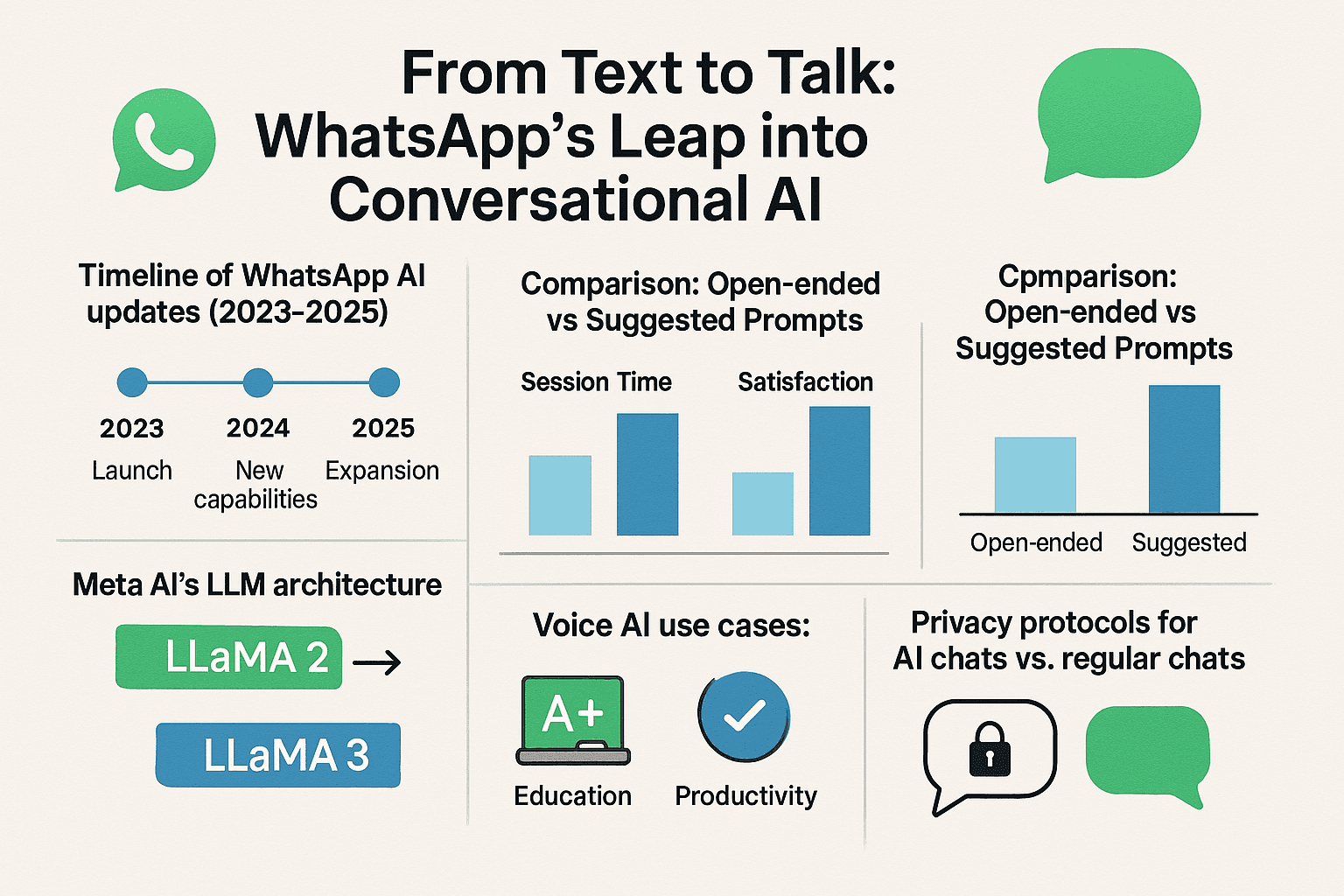 Infographic detailing WhatsApp's AI evolution from 2023 to 2025, including prompt types comparison, Meta’s LLaMA model upgrade, voice AI use cases, and privacy protocols
