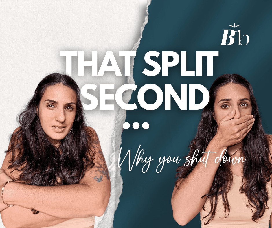 Two photos of the same woman are being shown through a split frame. One is bracing and tensed up with her arms crossed, uncomfortable. The other is covering her mouth to not speak, freezing and being scared