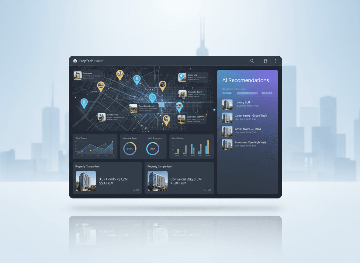 Modern PropTech dashboard showing interactive real estate map, property insights, and AI-driven analytics for high-performance digital real estate platforms