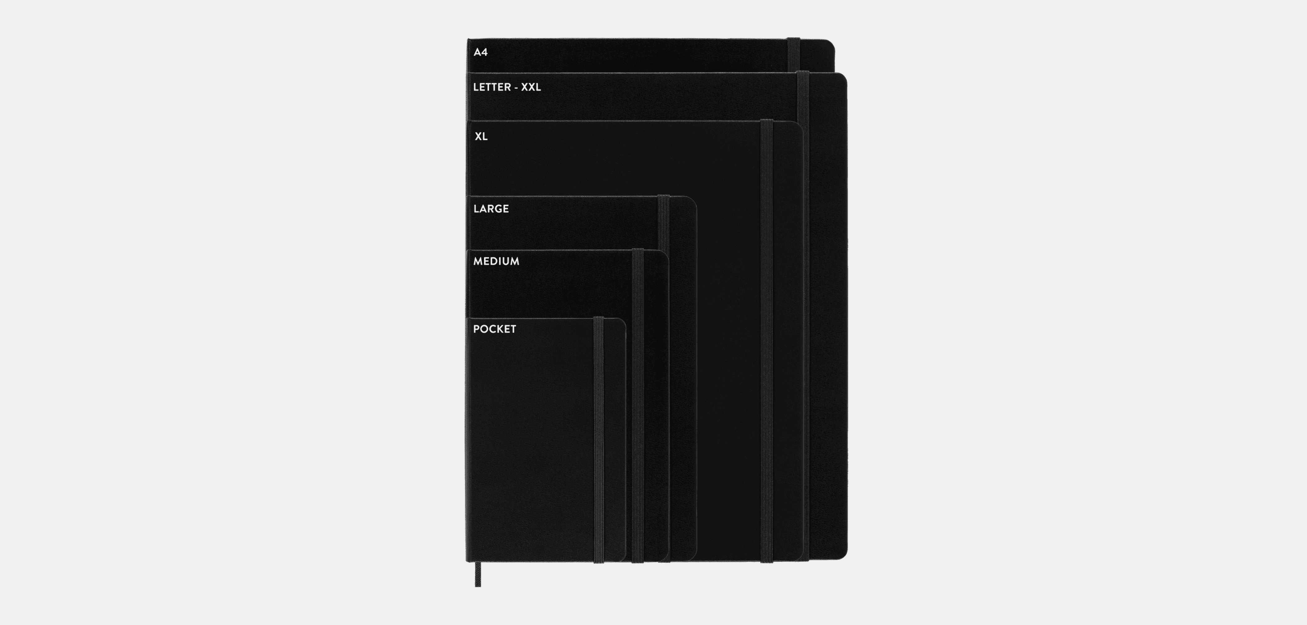 A neatly stacked set of black Moleskine notebooks arranged by size from Pocket to A4.