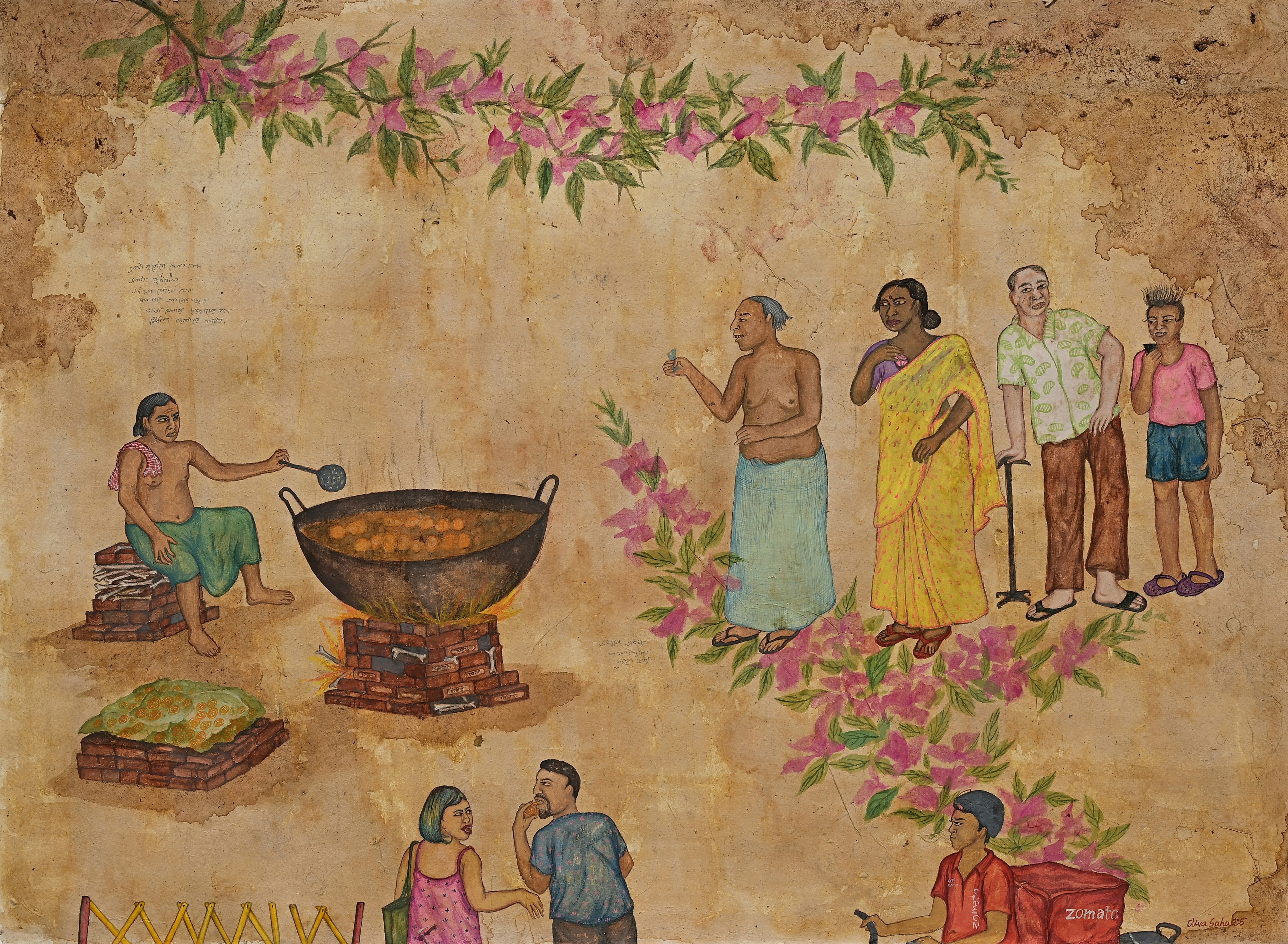 herd of sheep on road painting