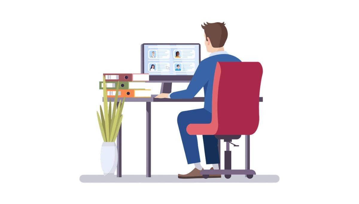 Illustration of a recruiter reviewing multiple digital candidate profiles on a computer, symbolizing the skills needed to succeed in modern talent acquisition.
