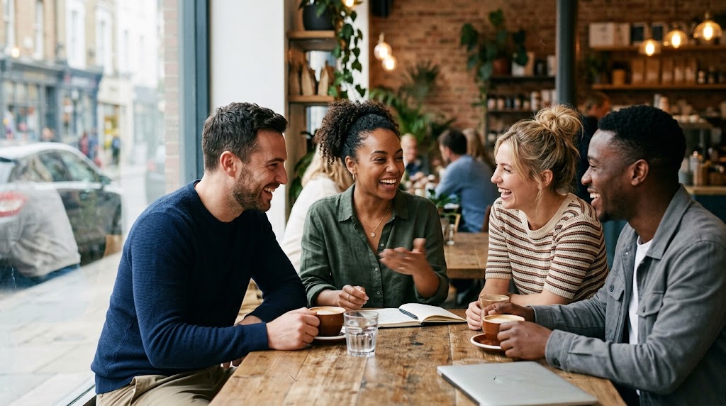 4 friends laughing in a cafe drinking coffee.