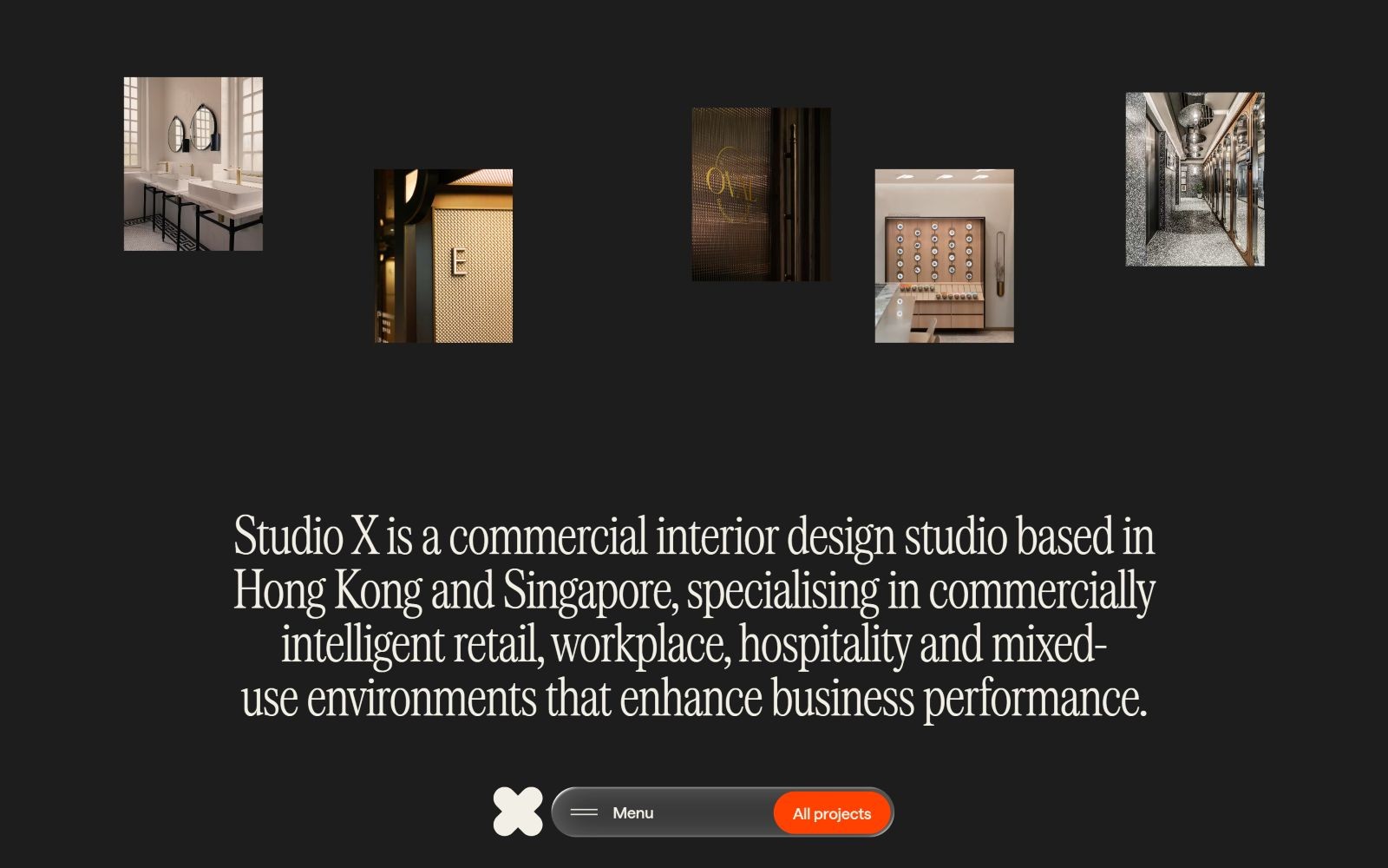 Studio X website with four interior design images above text about their services in commercial environments. Buttons: "Menu" and "All projects".