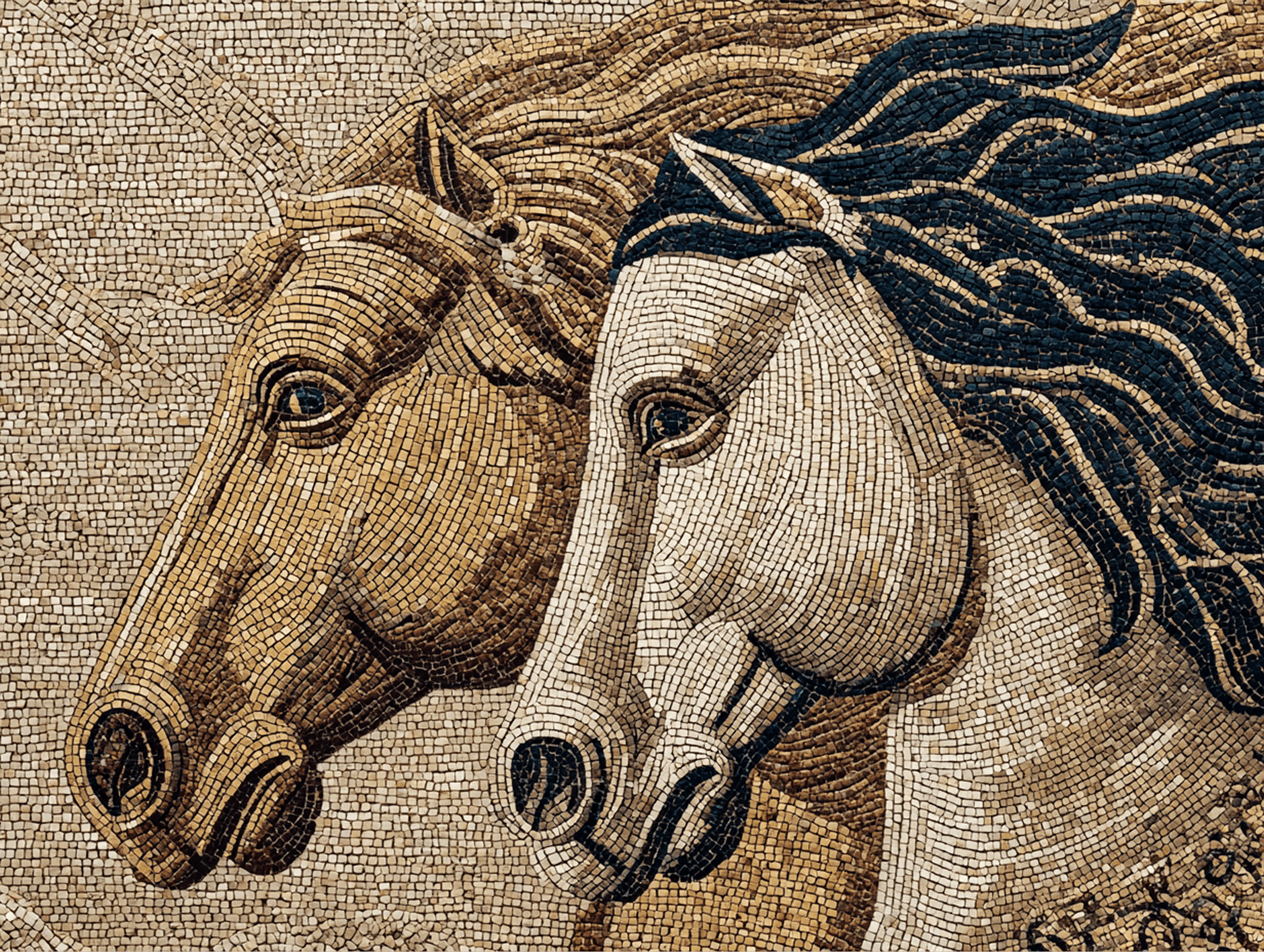 Mosaic-style artwork of a Mediterranean hillside olive grove, with gnarled ancient olive trees framing a pastoral valley below that contains a small classical temple, scattered ruins, and cypress trees, leading down to a calm bay surrounded by misty mountains.