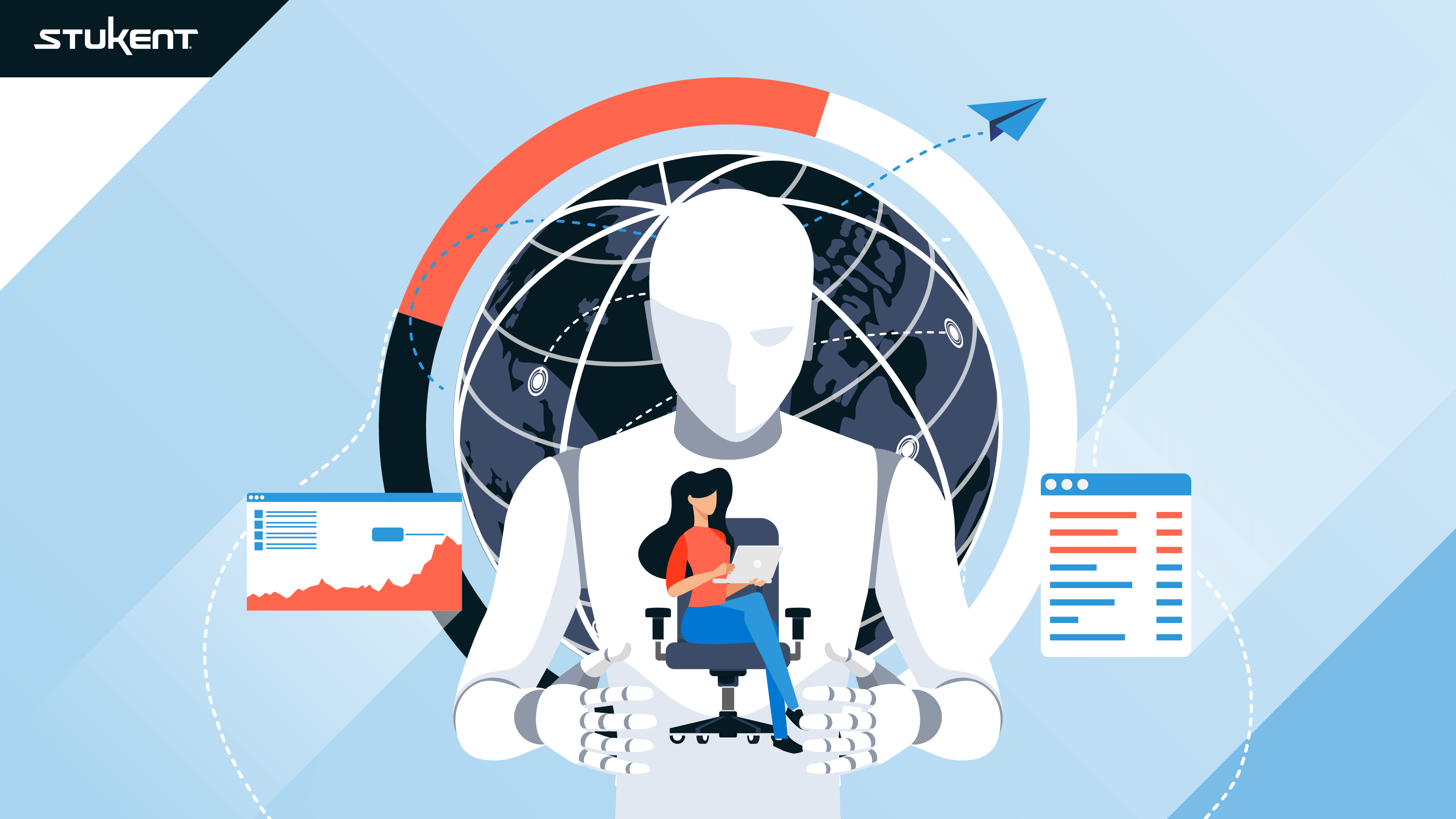 A robot sits behind a woman using a laptop, with digital graphs floating on either side and a globe with network lines in the background. A paper airplane flies near the top right. “Stukent” appears in the top left.