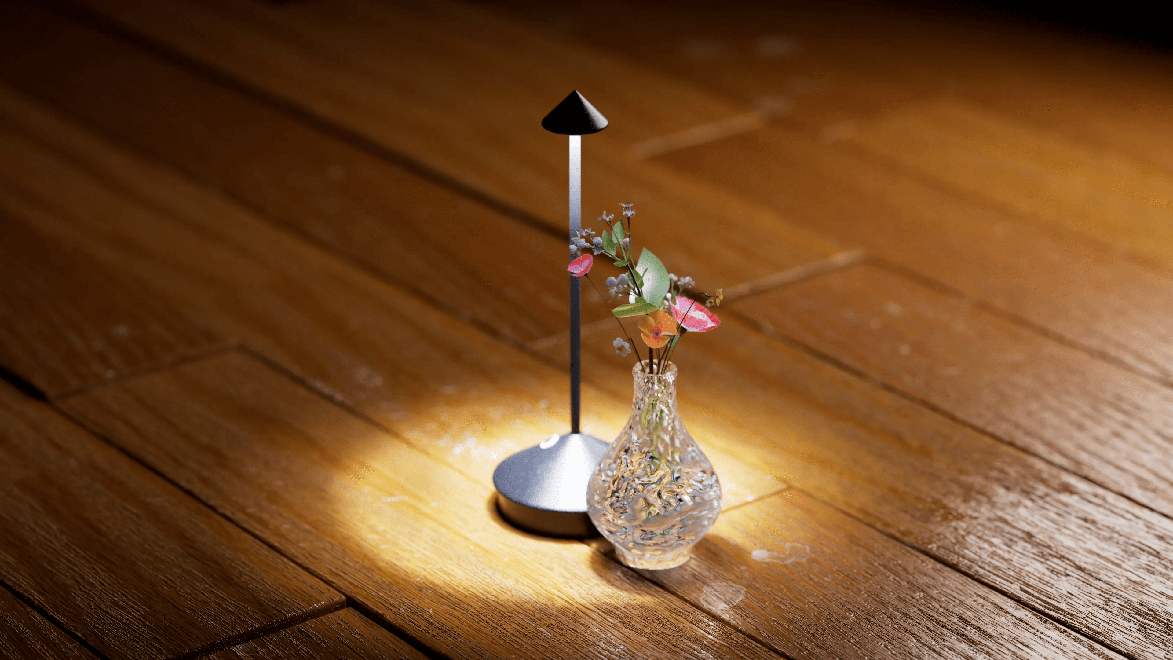 3D rendered minimalist black table lamp with warm glow next to a textured glass vase with flowers on a wooden floor Unda home goods concept