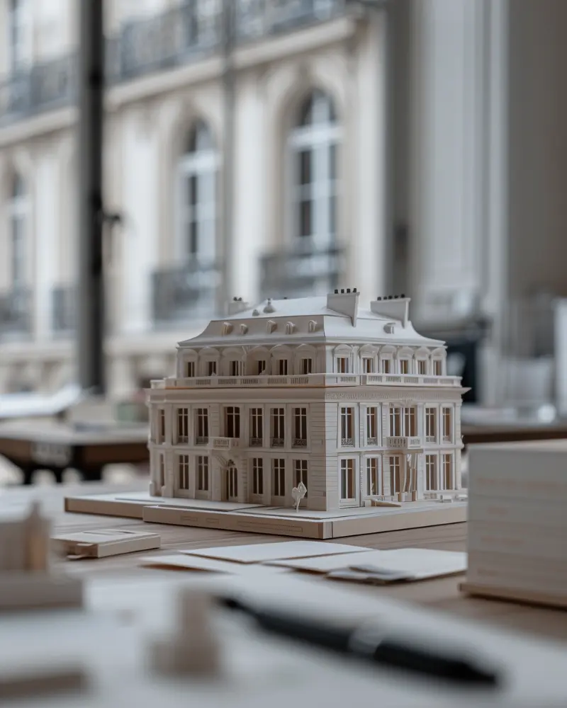 Maquette architecturale d’un immeuble résidentiel parisien posée sur un bureau en bois avec fenêtres haussmanniennes en arrière-plan.