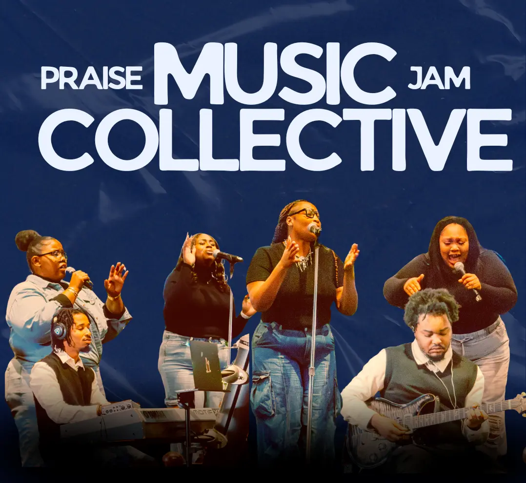 A praise team performs energetically on stage at the Praise Music Jam Collective event, with singers at microphones and musicians playing instruments against a dark navy background with bold event branding.