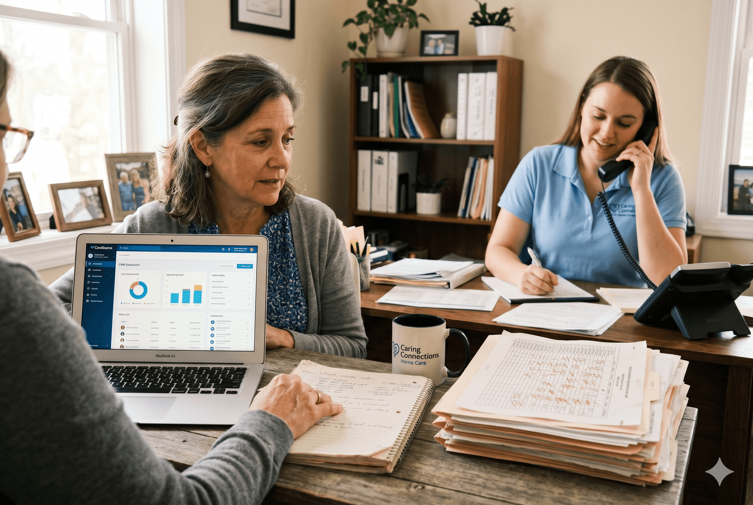 A small home care agency office with a compassionate owner reviewing client intake notes on a laptop showing a modern dashboard, while a caregiver speaks with a family member by phone nearby, papers and an old spreadsheet printout pushed aside on the desk. Warm natural light, realistic colors. Shot on Fujifilm X-T4, aspect ratio 3:2