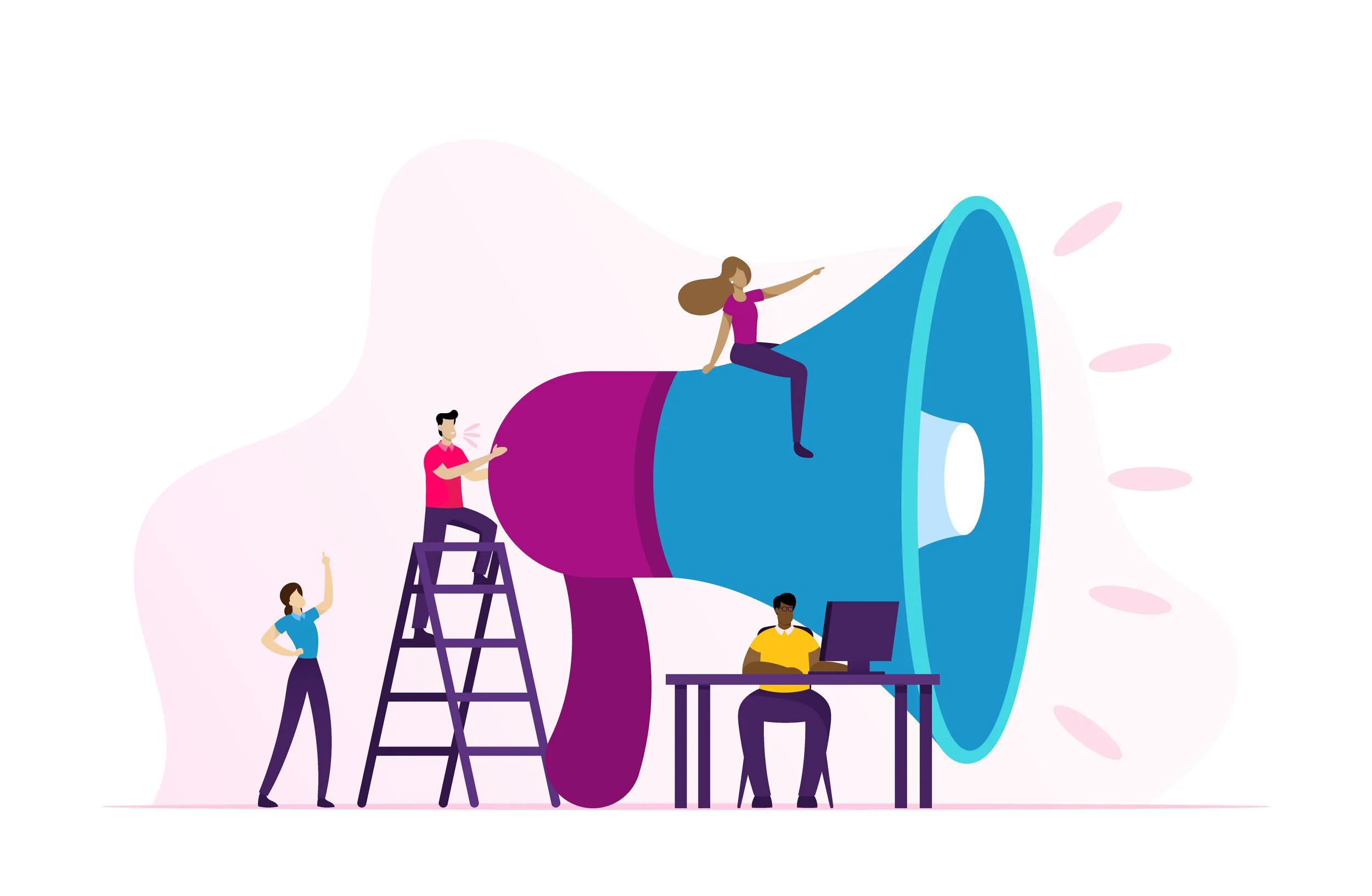 Graphic of employees with huge megaphone