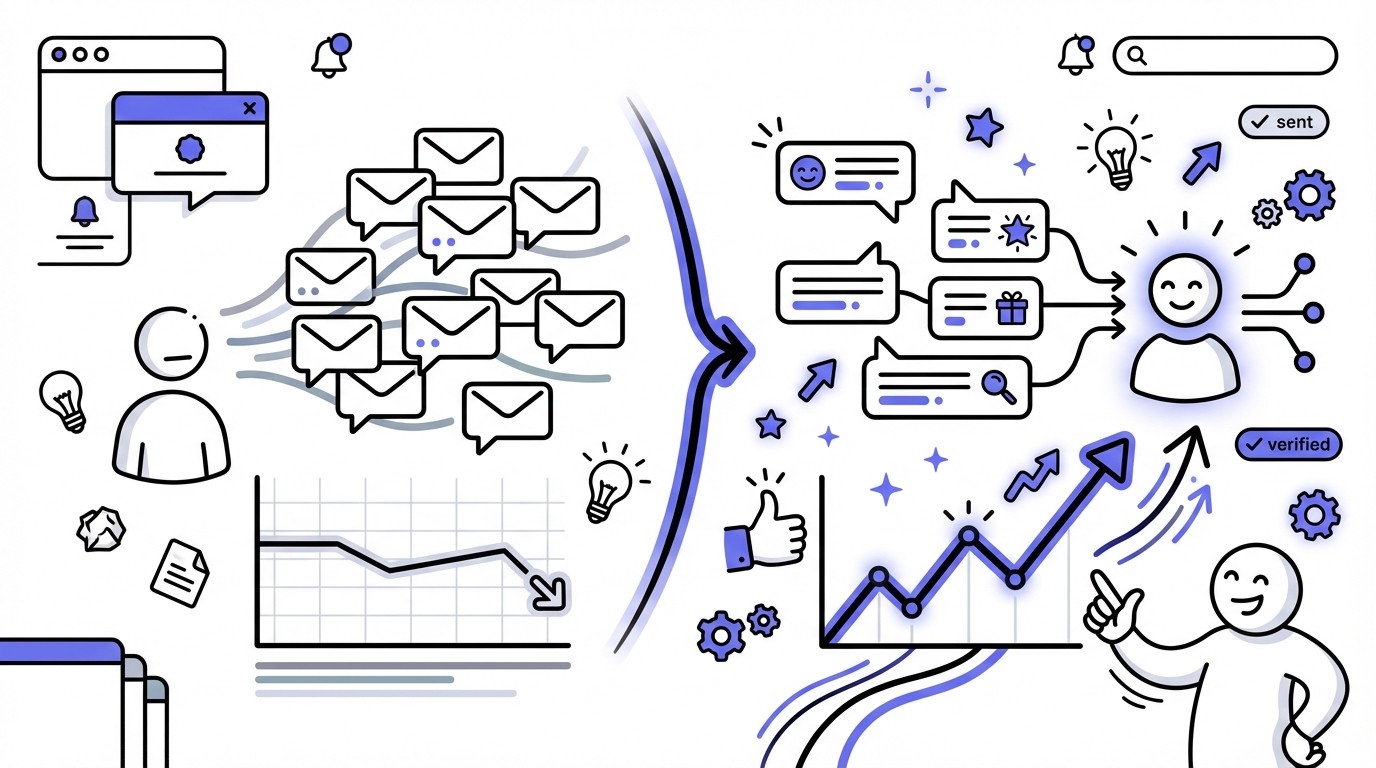 An illustration showing the transformation of LinkedIn outreach. On the left, generic, ignored messages and a flat response graph. On the right, personalized, engaging messages and a sharply rising response graph, symbolizing success.