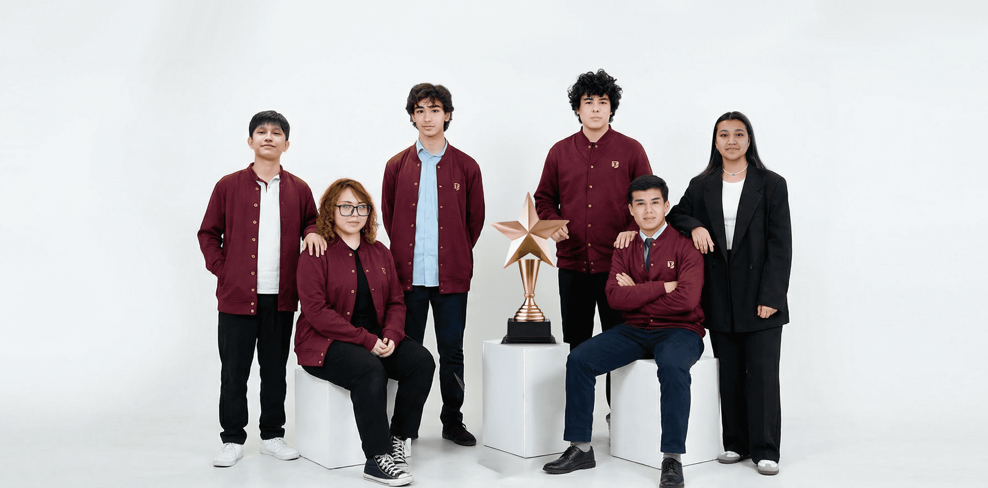 five children smiling while doing peace hand sign