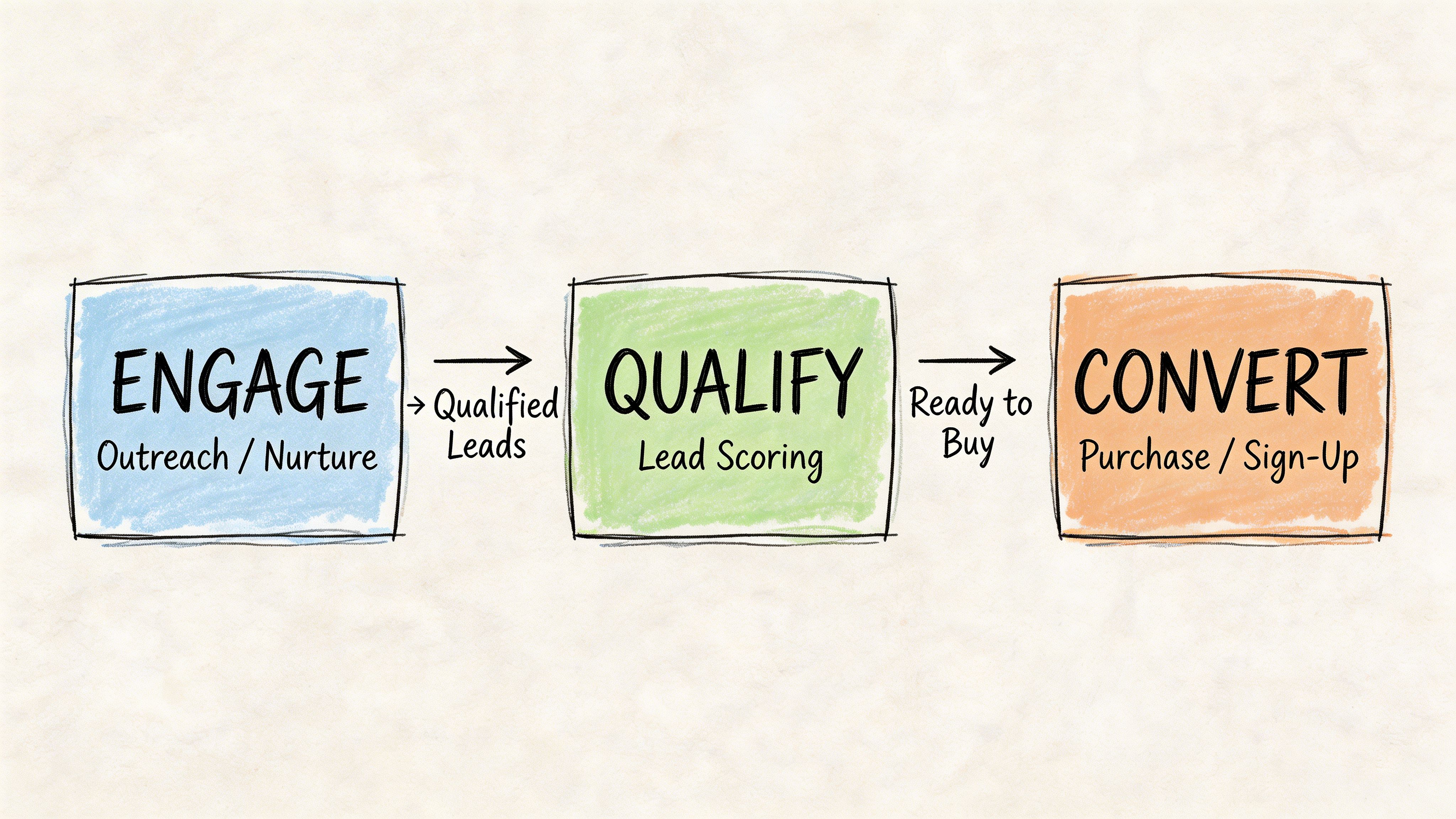 A marketing funnel diagram illustrating three stages: engage with outreach, qualify with lead scoring, and convert.