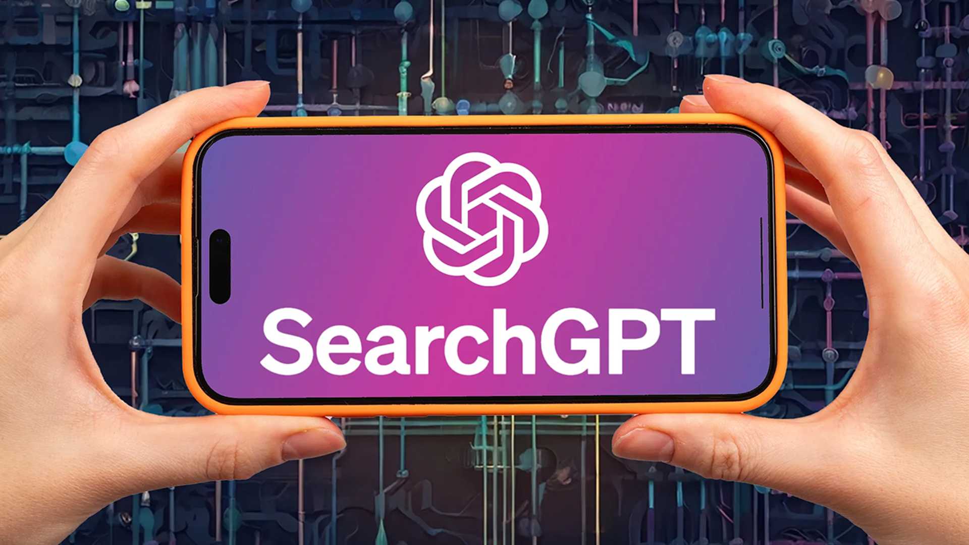 A hand holding a smartphone displaying the text "SearchGPT" against a vibrant purple gradient background.