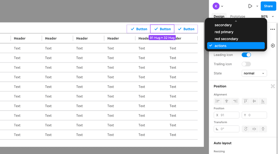 Screenshot of Figma displaying mutiple variants for a UI component