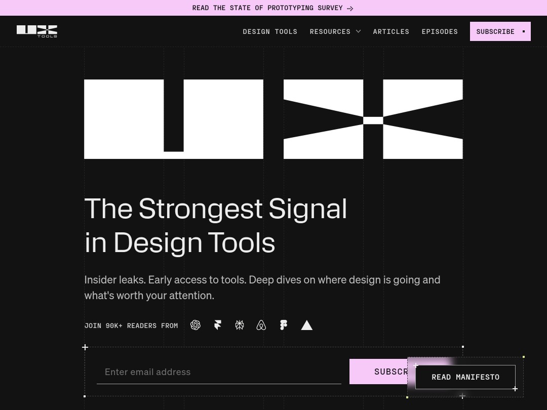 Design website homepage with subscription and manifesto buttons.