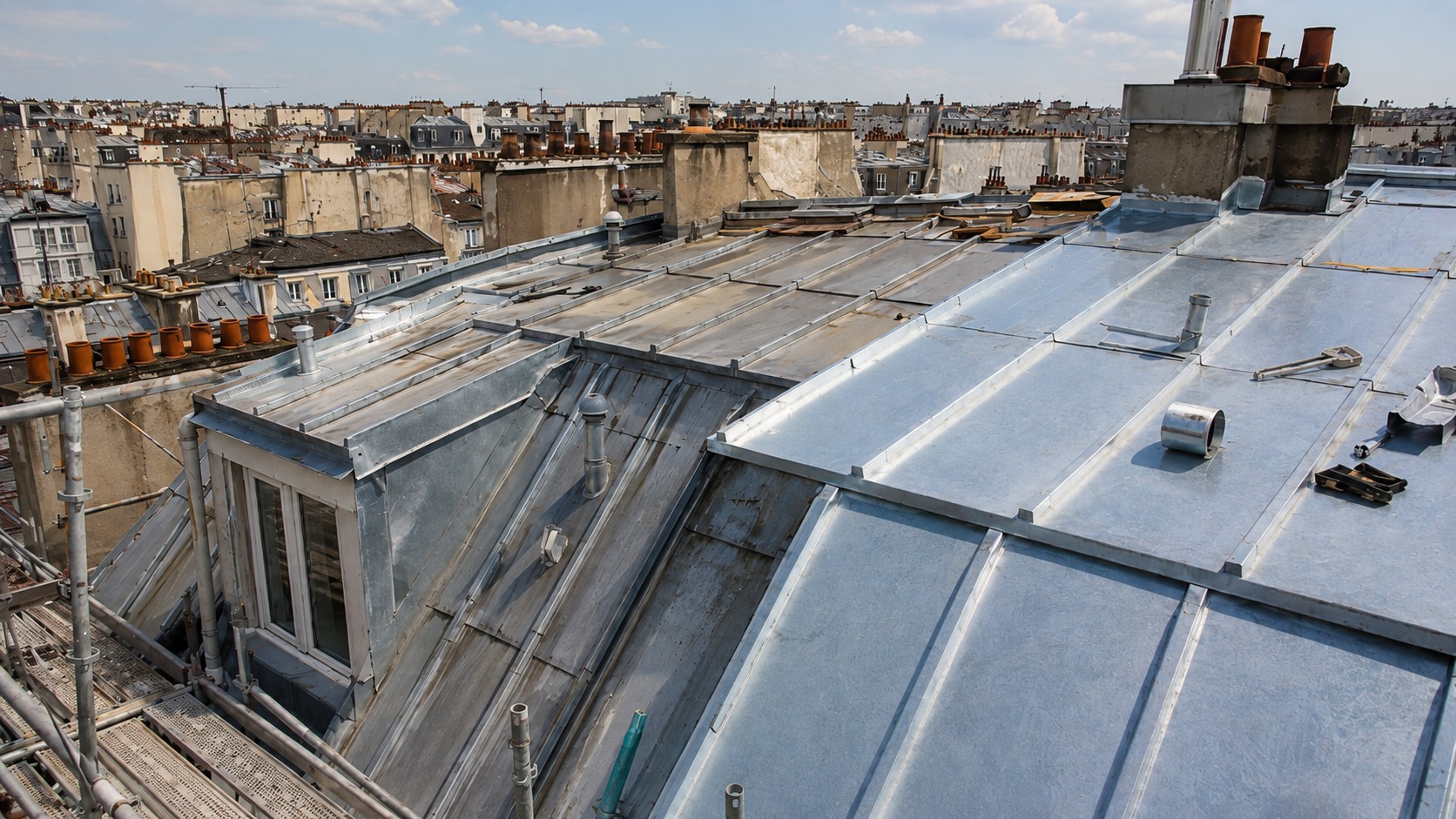 Réfection de toiture en zinc à Paris avec panneaux neufs, ancienne couverture, outils de chantier et cheminées sur les toits parisiens