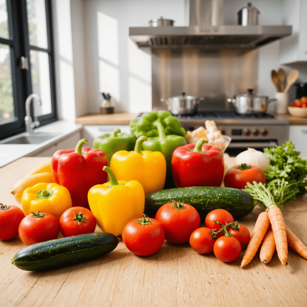 product photography of kitchen cookware and fresh vegetables
