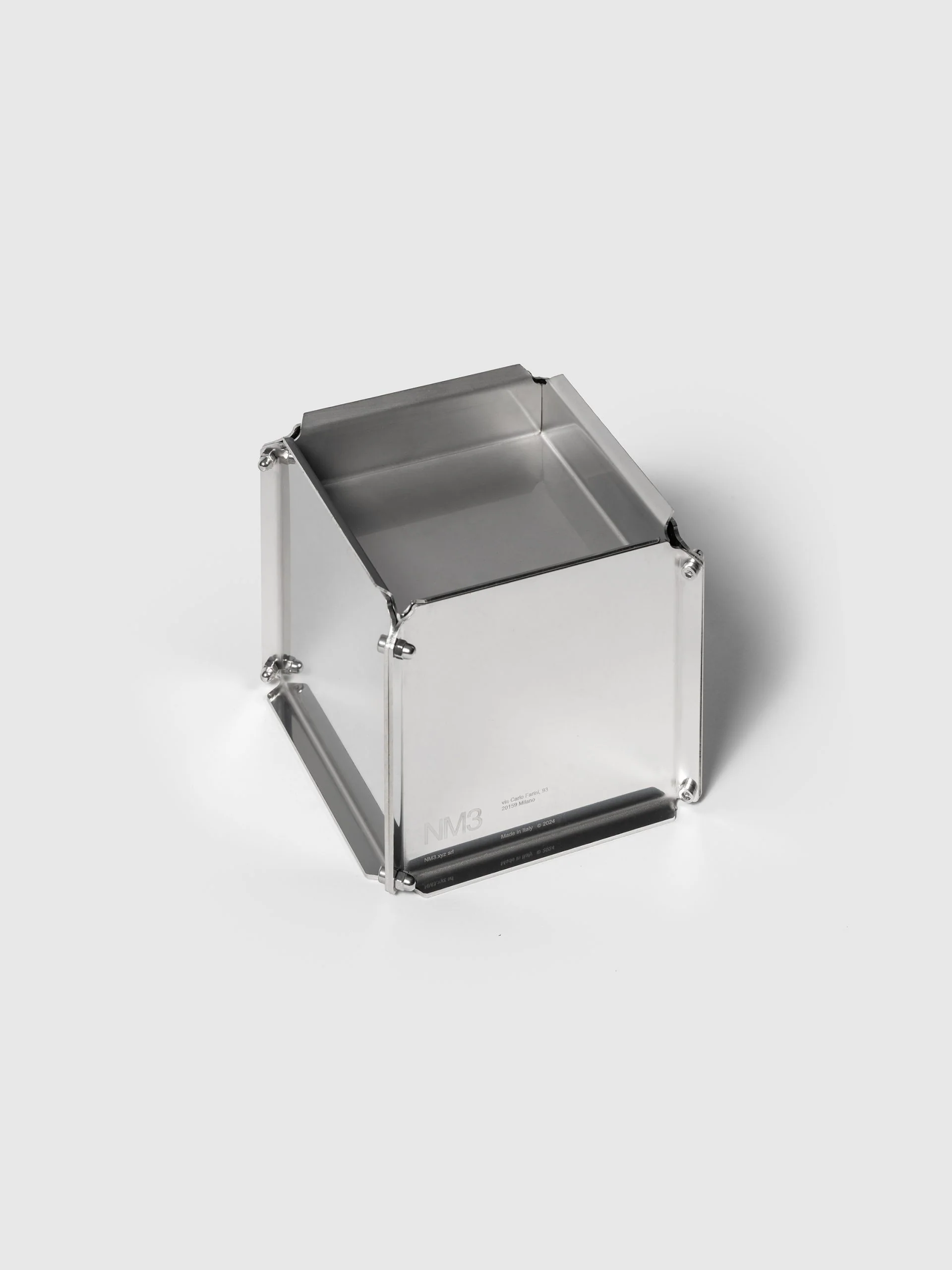 NM3 NM31 ashtray, four mirror stainless steel faces joined with visible screws