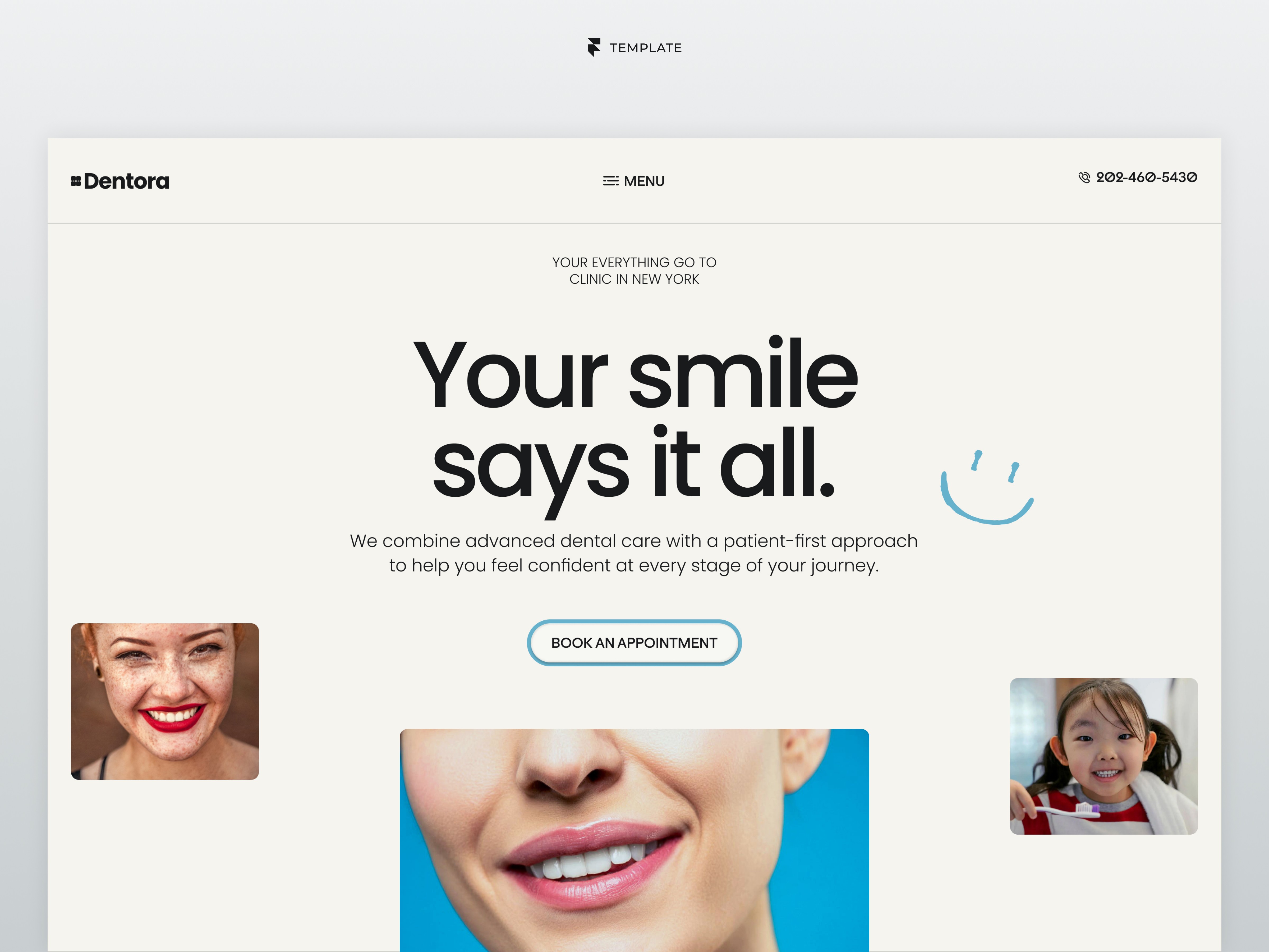 Dentora homepage hero showing dental clinic website design with bold headline and clean layout